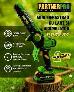 PartnerPro PPBS-84 8-Inch Cordless Mini Chainsaw – Brushless Motor, 21V 4Ah