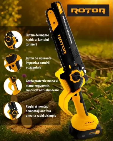 Rotor RBS-82 8-Inch Cordless Mini Chainsaw – 21V, Includes 2 Batteries & Case